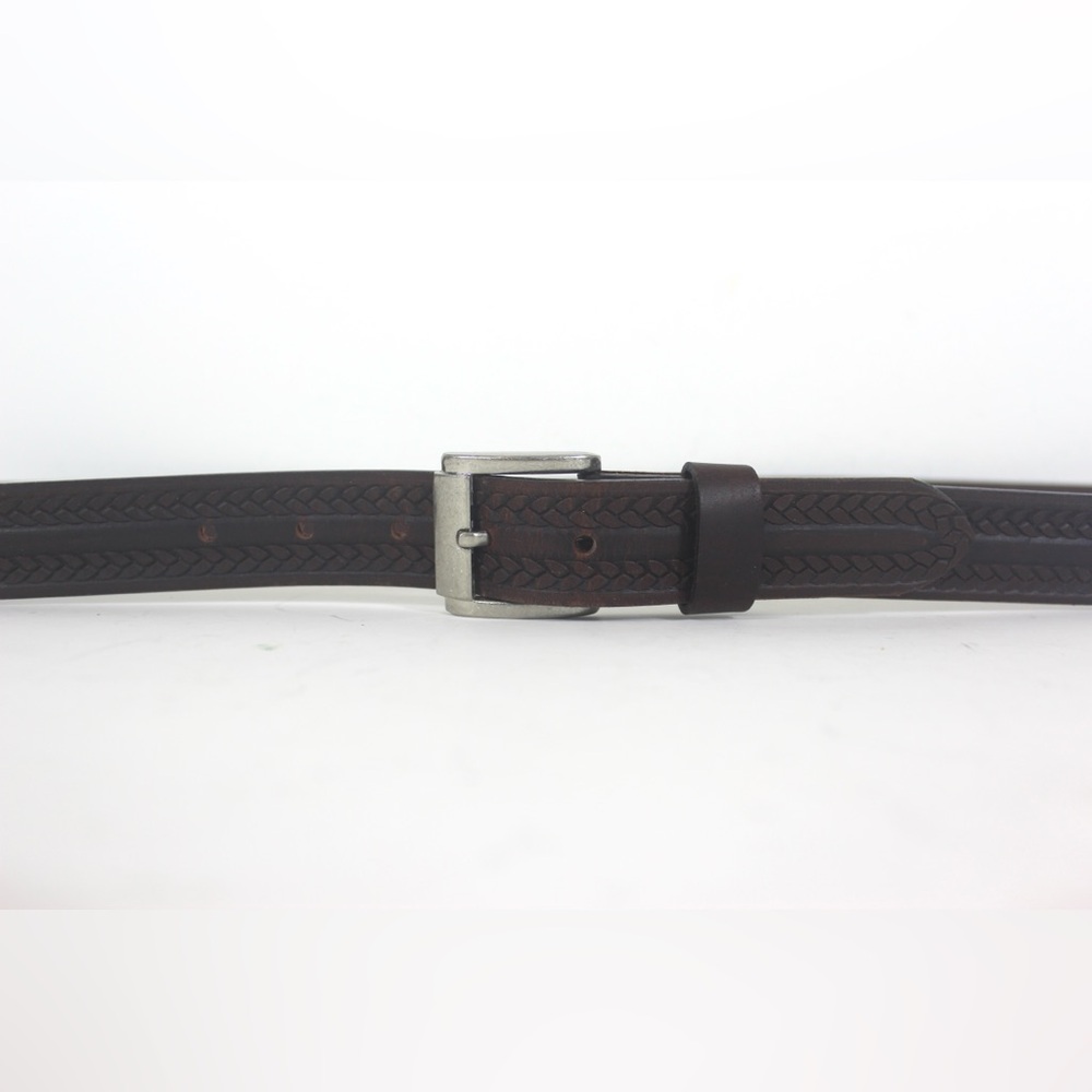 Dark Brown Embossed Braid Leather Belt with a Silver Removable Snap Off Buckle L